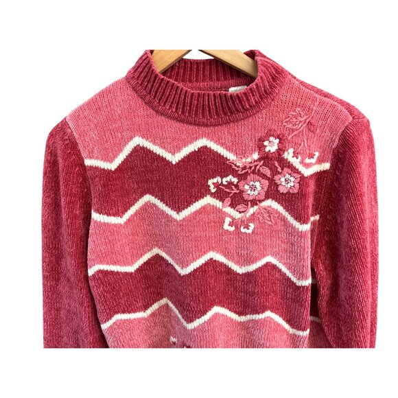Vintage Pink Retro Chenille Mock Neck Sweater Embroidered Flowers Large Cottage - Picture 2 of 6